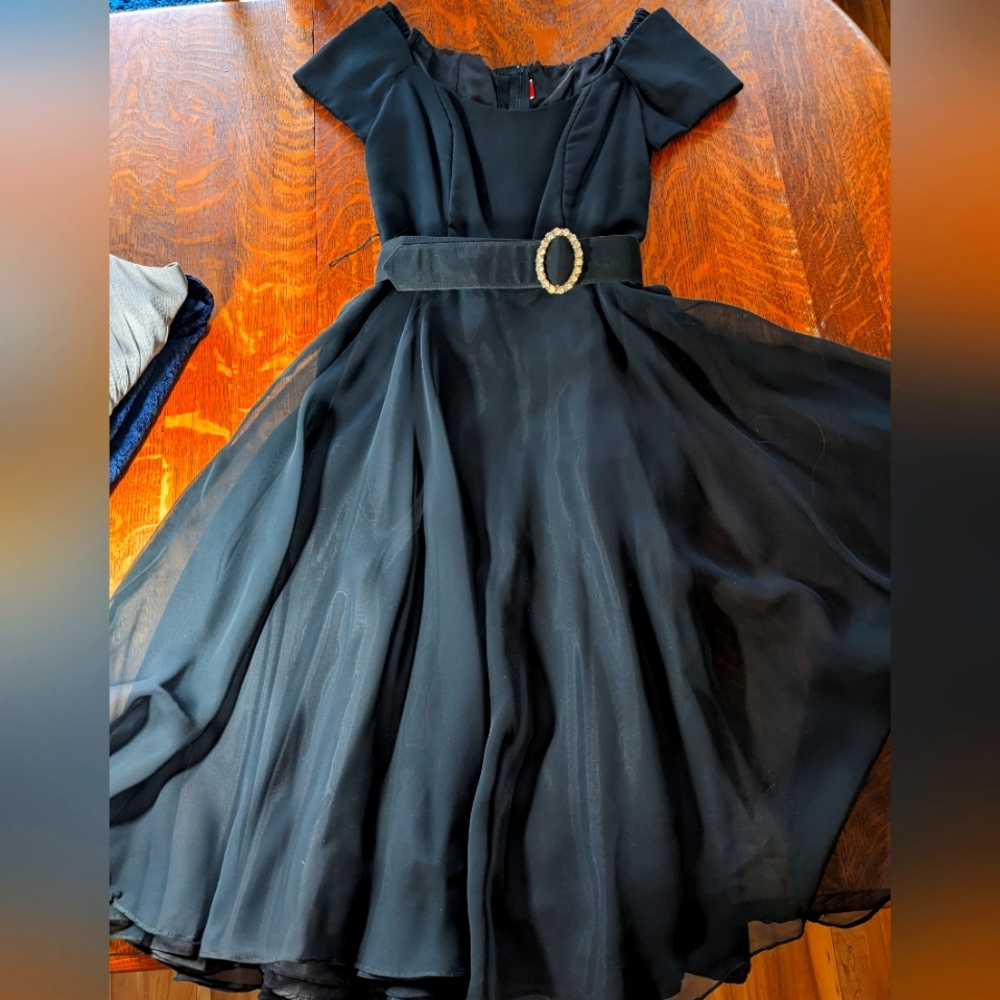 Black, lined chiffon dress, size 8